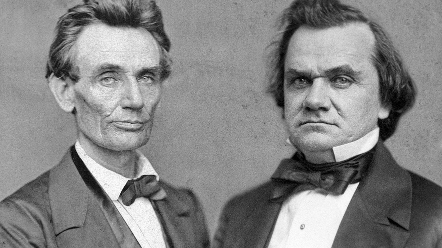 Composite image of portrait photographs of Abraham Lincoln in 1860 (left) and Stephen Douglas in 1859.