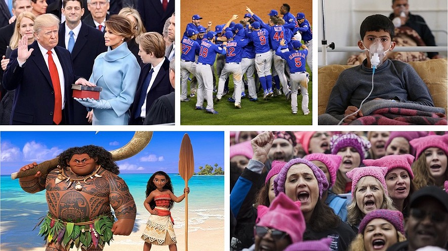 TOP (from left): President Donald Trump takes the oath of office. Photo by: WhiteHouse.gov. The Chicago Cubs win the World Series. Photo by: Arturo Pardavila III/Wikimedia Commons. A Syrian boy receives treatment after a chemical weapons attack. Photo: Cem Genco/Anadolu Agency/Getty Images. BOTTOM (from left): Disney's "Moana" was a big hit. Photo by: Disney. More than half a million people attended the Women's March on Washington, D.C. Photo by: Amanda Voisard/The Washington Post.